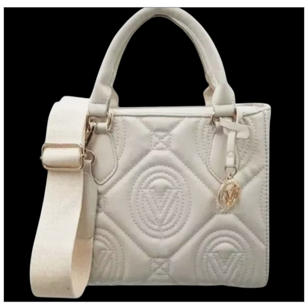 Valentino Orlandi Bone Color Quilted Monogram Handbag CrossbodyInside Zip Pocket